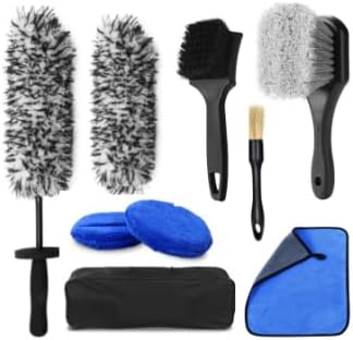 Wuqazu 9PCS Pro All-in-One Wheel & Tire Cleaning Kit - Flat Replaceable-Head Brush, Pocket Pads, Dual-Bristle Brushes, Detail Brush & Towel | Scratch-Free