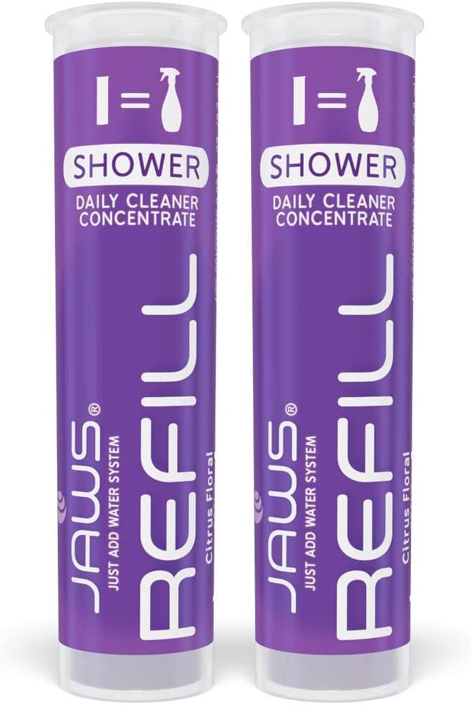 JAWS Cleaner Shower Cleaner Bottle with 2 Refill Pods. Refillable Cleaning Supplies.