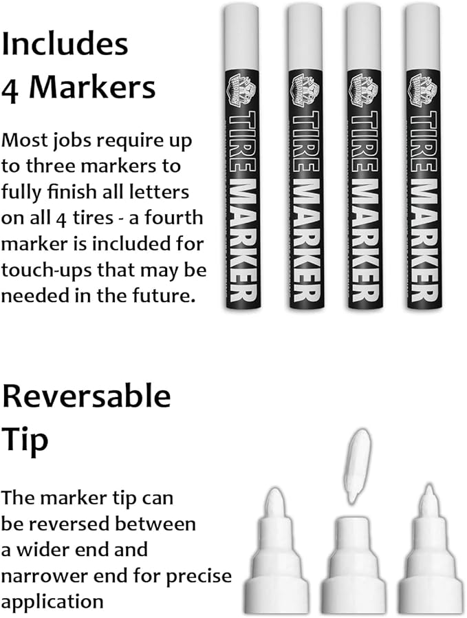 White tire Paint Marker for Car Tire Lettering - 4 Pack - Permanent Tire Paint Pens with Weatherproof Ink Designed to Last on Car Tires and Many Other Materials