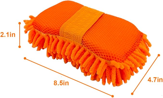 WAKALALA Microfiber Car Wash Mitt, Dual-Sided Cleaning Glove, High-Density Chenille, Non-Scratch Cleaning Sponge (2, Orange)