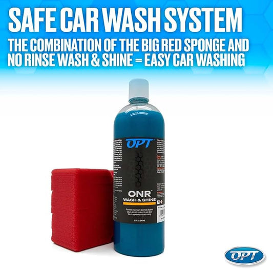 Optimum No Rinse Version 5 (32 Oz), Microfiber Drying Towel, and Big Red Sponge (BRS) Car Cleaning Kit, ONR Rinseless Car Wash, Drying Towel, and Wash Sponge for Washing and Auto Detailing