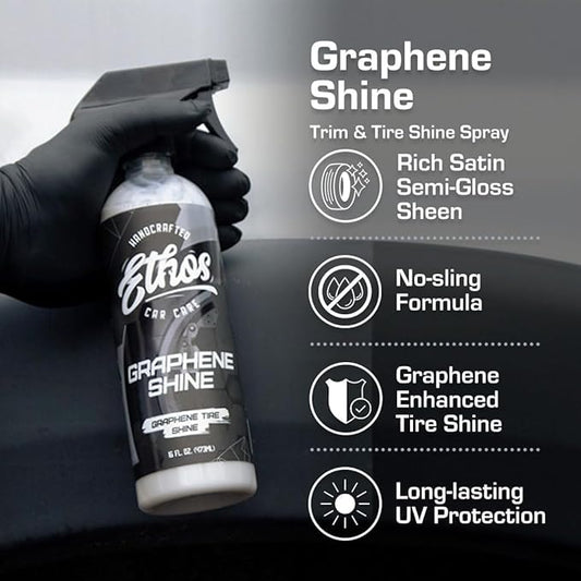 Ethos Graphene Tire Shine Spray & Tire Shine Applicator Pad – High Gloss, Non-Greasy, No Sling Finish with UV Protection for Tires, Trim & Rubber