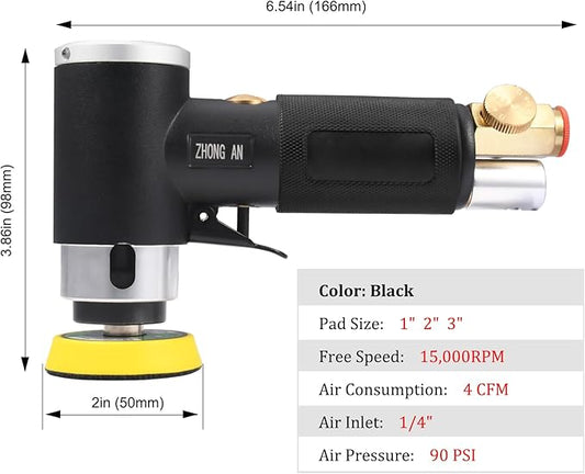 ZHONG AN 1'' 2'' 3'' Mini Orbital Sander da sander Air Dual Action Sander High Speed Pneumatic Mini Sanders Includes 18Pcs 1/2/3in Polishing Sponge & Wool Pads, 30Pcs Sandpapers (BLACK)