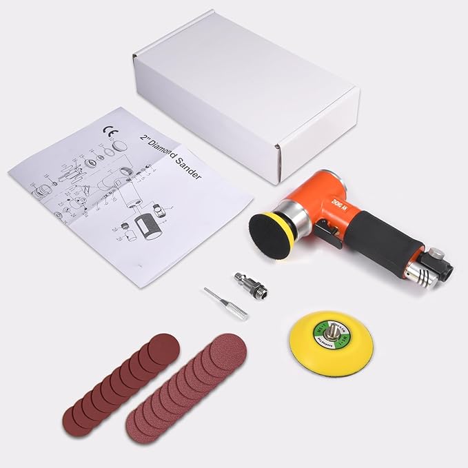 ZHONG AN 2/3 inch Mini Orbital Sander Pneumatic Palm da sander Air Polisher Super Smooth and Swirl Freely for Auto Body Work Wood working with 20 PCS Sanding Discs,orange