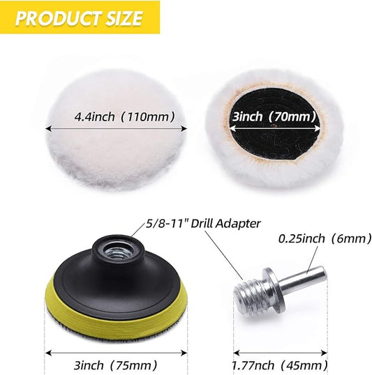 Wool Cutting Pad, Wool Buffing Polishing Pad Set, SPTA 7Pcs 3Inch (80mm) Buffing Wheel for Drill Lambs Wool Hook and Loop for Compound Cutting & Polishing for Car Polisher