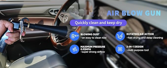 BEMEIS Air Blow Gun with Brass Adjustable Air Flow Nozzle,Cleaning Gun Quickly Blasts Dirt and Dust from Surface Works with Air Compressor(Upgrade Aluminium Rotate Tube) (Detail Blowing Gun), Black