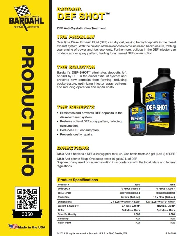 Bardahl 3353 DEF-Shot - The Ultimate DEF Cleaner and Anti-Crystallization Diesel Additive Reducing DEF Consumption - 32oz (Pack of 12)