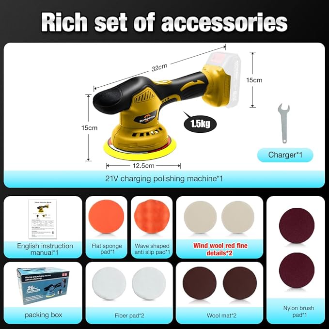 Darkboom Cordless Buffer Polisher 6 inch with 8 discs for polishing, fits Dewalts 20V battery and 6 variable speed from 2200RPM to 5500RPM cordless sander, for Car Detailing/Polishing