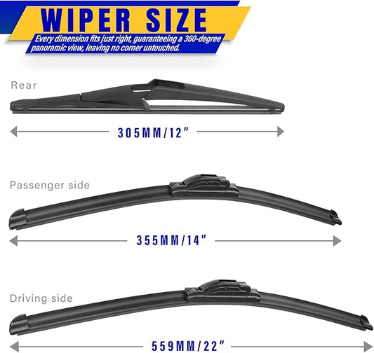 3 wipers Replacement for Nissan Juke 2011-2017, Windshield Wiper Blades Original Equipment Replacement - 22"/14"/12" (Set of 3) U/J Hook