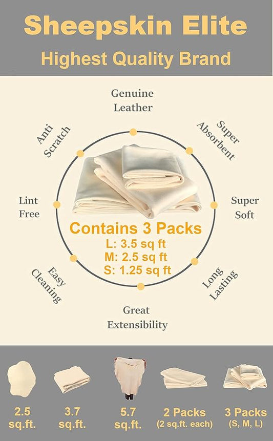 Chamois Drying Cloth Car Drying Towel Real Leather Super Absorbent Fast Drying Natural Chamois Car Wash Cloth Accessory (7.25 SQ FT in Total)