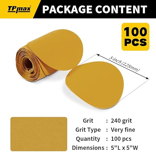 100PCS 5 Inch PSA Sanding Discs 240 Grit | Self-Adhesive Sandpaper Roll for DA Sanders, Orbital Sander | Gold Aluminum Oxide Sticky Back Abrasive Discs for Automotive, Woodworking, and Metal Polishing
