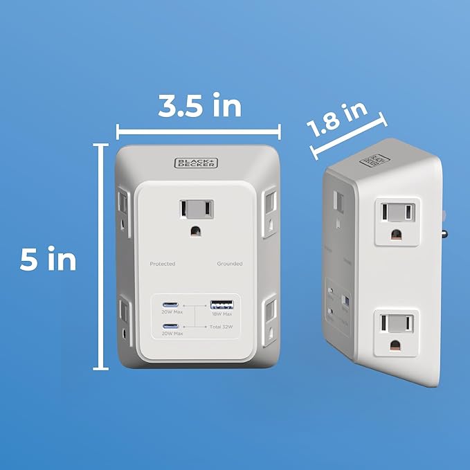 BLACK+DECKER PD USB Wall Charger Surge Protector, 2-Pack, 5 Outlet Extender 2 USB C & 1 USBA Charging Ports, Fast Charge 3 Sided Power Strip Multi Plug Outlets Wall Adapter for Home Office, ETL Listed
