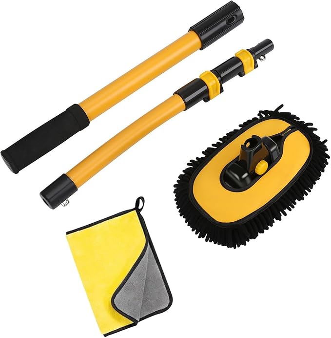 15° Curved Car Cleaning Brush with Telescopic Handle 56.7" Aluminum Alloy Long Rod Wash Mop for Cleaning RVs, Trucks, Boats