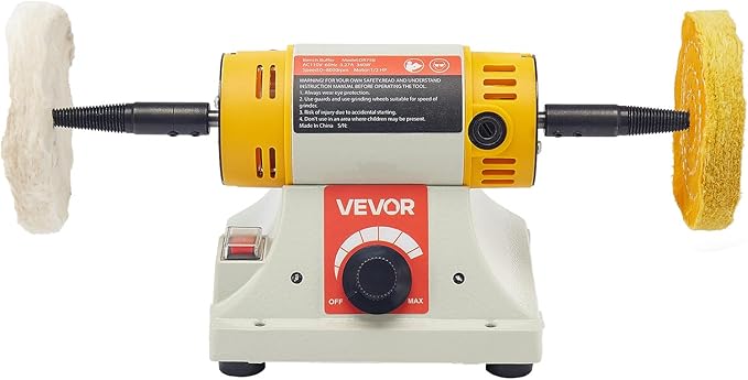 VEVOR Bench Buffer Polisher, 1/2HP Polishing and Buffing Machine, 0 to 8000RPM Benchtop Polisher with 2PCS 4" Cotton Wheel, 3PCS 3" Abrasive Fiber Wheels & Polishing Compound for Metal Jewelry Wood