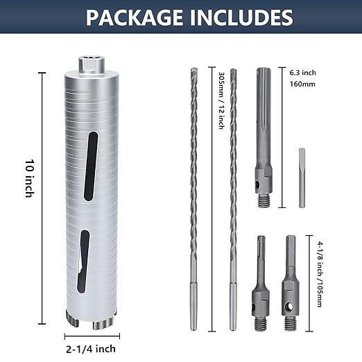 2-1/4 inch Diamond Dry Core Drill Bit, 10" Drilling Depth, 5/8"-11 Thread Core Drill Bit for Concrete Masonry Brick Block, Includes 3 Adapters SDS Plus, SDS Max and Hex (2-1/4 inch)