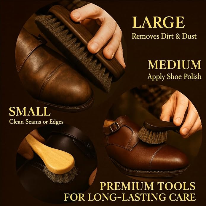 Shoe Care Kit – 16-in-1 Leather Shoe Polish, Cleaning & Conditioning Kit with Saddle Soap & Mink Oil – Black/Brown/Neutral Shoe Polish, 3 Horsehair Brushes – Luxury Leather Bag – Gift for Men & Women