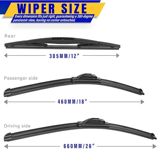 3 wipers Replacement for Mitsubishi Outlander 2014-2020, Windshield Wiper Blades Original Equipment Replacement - 26"/18"/12" (Set of 3) U/J Hook