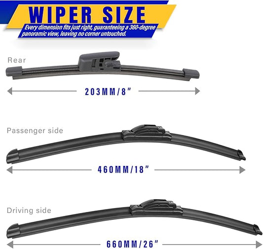 3 wipers Replacement for Hyundai Veloster 2012-2017, Windshield Wiper Blades Original Equipment Replacement - 26"/18"/8" (Set of 3) U/J Hook