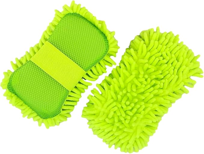 WAKALALA Microfiber Car Wash Mitt, Dual-Sided Cleaning Glove, High-Density Chenille, Non-Scratch Cleaning Sponge (2, Green)
