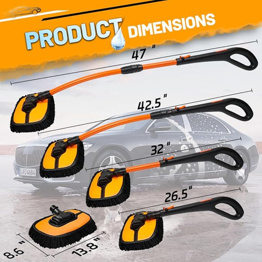 RIDE KINGS Car Wash Brush, Car Duster Exterior Scratch Free 180°Adjustable,Truck Cleaning Supplies with Ergonomic 15°Curved Extentable Pole Handle, Car Washing Equipment - Orange