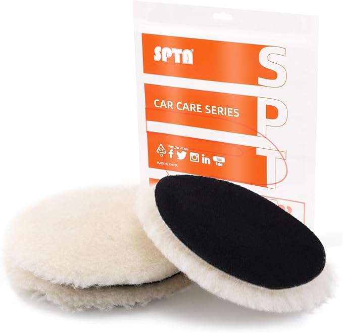 SPTA Wool Buffing Polishing Pads, 3Pcs 6 Inch (150mm) Wool Cutting Pad, Wool Compounding Pad, Buffing and Polishing Pads for 6 Inch Car Polisher Compounding, Polishing, Buffing
