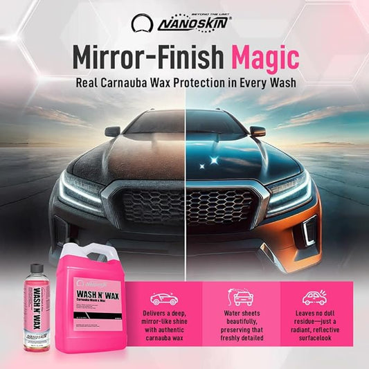 Nanoskin WASH N' WAX with Carnauba 30 gallons - Cleans & Shines in One Step | Works with Foam Cannon, Foam Gun, Bucket Washes, Pressure Washer | Carnauba Wax Protection for Cars