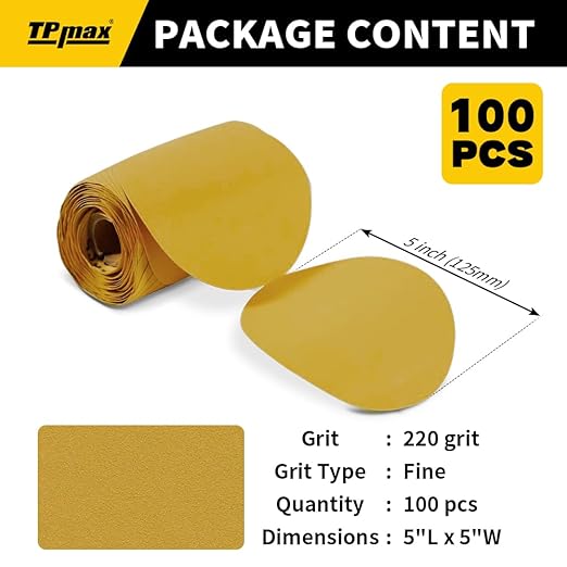 100PCS 5 Inch PSA Sanding Discs 220 Grit | Self-Adhesive Sandpaper Roll for DA Sanders, Orbital Sander | Gold Aluminum Oxide Sticky Back Abrasive Discs for Automotive, Woodworking, and Metal Polishing