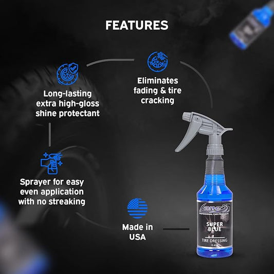LANE'S Super Blue Tire Dressing Spray | High-Gloss Car Tire Shine Spray | No Sling, No Run, Long Lasting | Protects from Cracks & UV Rays | Non-Greasy Automotive Dressing & Cleaner | 16oz, 2 Pack