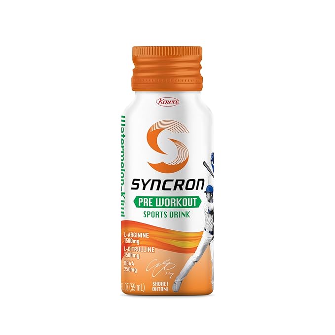 Syncron Pre Workout Sports Drink Endorsed by Shohei Ohtani, Aluminum Bottled, Sugar Free with L Arginine, L Citrulline & BCAAs, Pre Workout Energy Shot, Watermelon Kiwi, 6 Pack, 2 oz