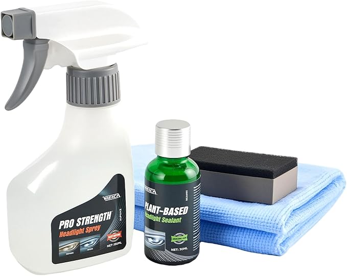 WEICA Headlight Cleaner Spray Kit - 2 Step Pro Strength Formula with Plant Based Sealant to Restore Clarity for Light Hazing Regular Upkeep
