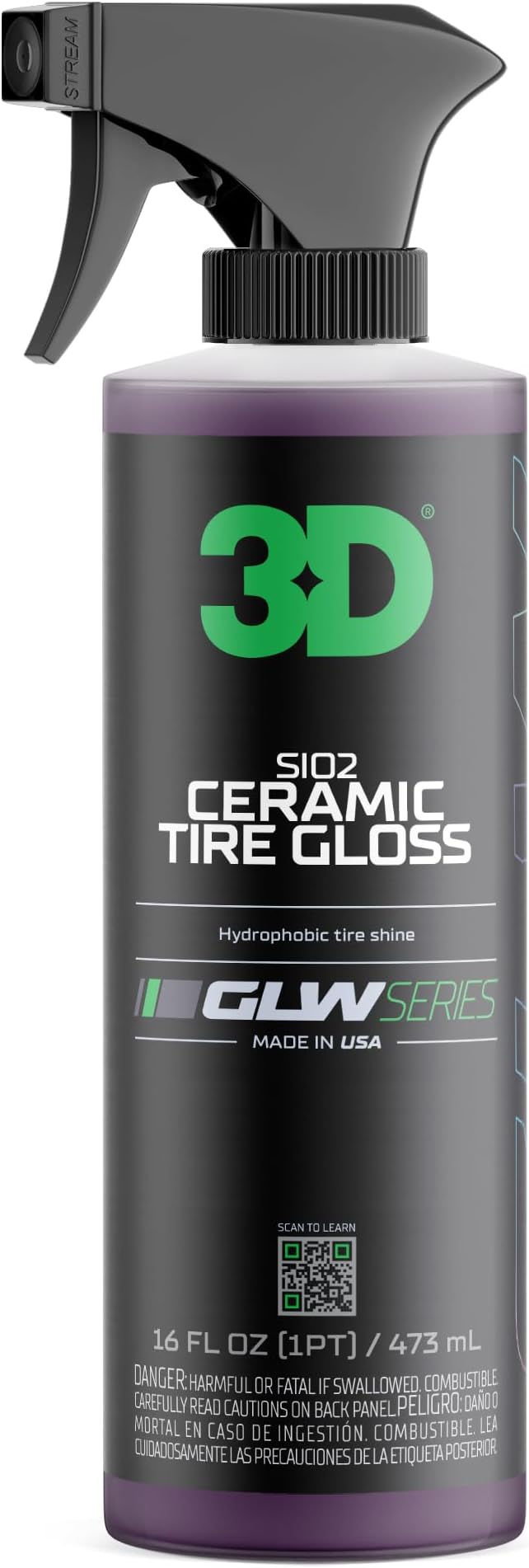 3D GLW Series SiO2 Ceramic Tire Gloss – High Shine Hydrophobic Tire Dressing | UV Protection, No Sling | Deep Black Wet Look | Long-Lasting Ceramic Finish |16 oz
