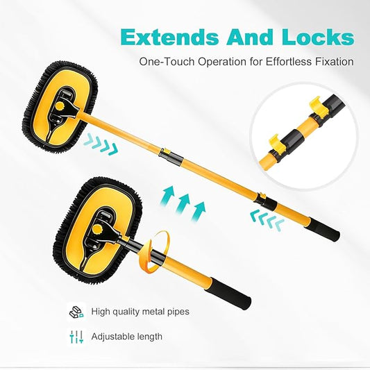 15° Curved Car Cleaning Brush with Telescopic Handle 56.7" Aluminum Alloy Long Rod Wash Mop for Cleaning RVs, Trucks, Boats