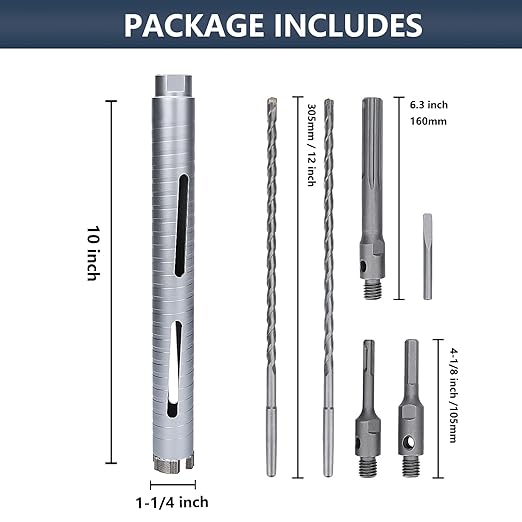 1-1/4 inch Diamond Dry Core Drill Bit, 10" Drilling Depth, 5/8"-11 Thread Core Drill Bit for Concrete Masonry Brick Block, Includes 3 Adapters SDS Plus, SDS Max and Hex (1-1/4 inch)