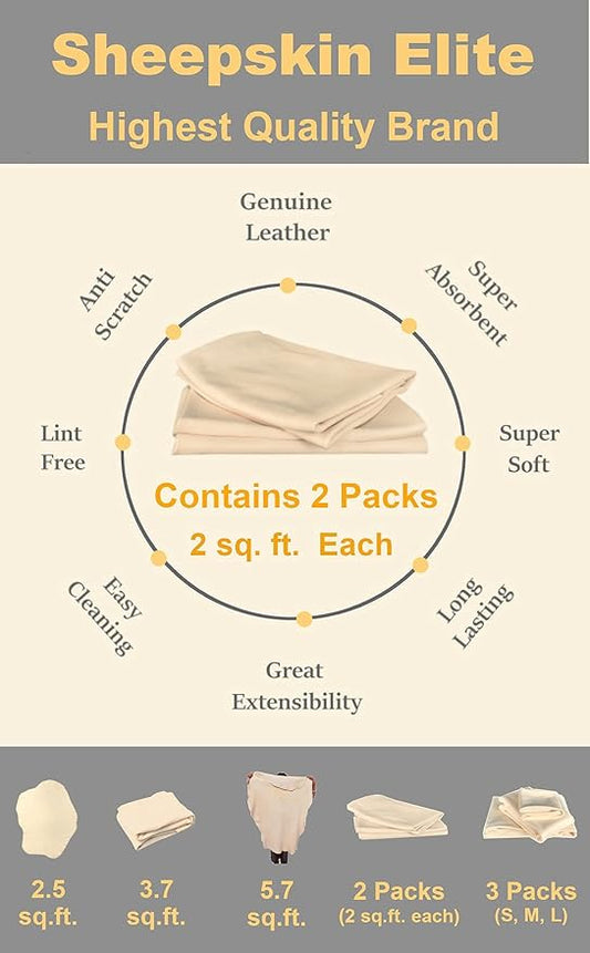 SHEEPSKIN ELITE Chamois Drying Cloth Car Drying Towel Real Leather Super Absorbent Fast Drying Natural Chamois Car Wash Cloth Accessory (2 SQ Each, 4 SQ FT in Total)