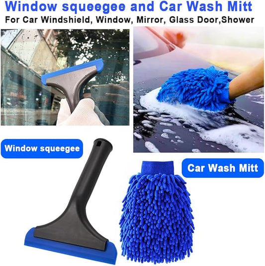 Window Tint Tool Small 6" Silicone Handy Cleaning Squeegee and Car Wash Mitt Chenille Microfiber Super Absorbent for Car Windshield, Window, Mirror, Glass Door,Shower(Blue)