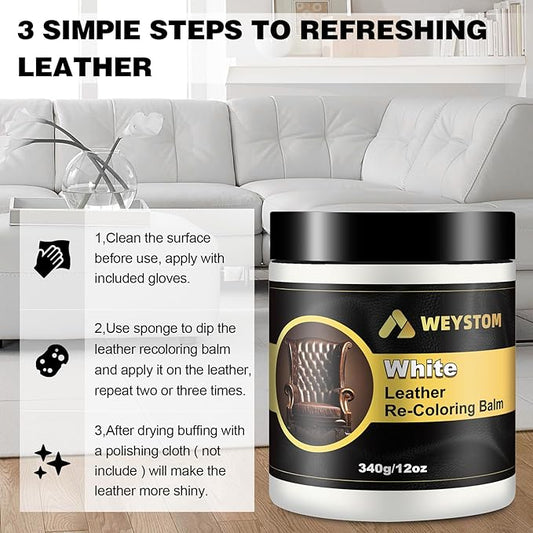WEYSTOM Leather Recoloring Balm, 12oz Large Size Leather Dye, Color Restorer, Scratch Repair, Furniture & Couch Restorer Kit, Repair Kit for Furniture(White)