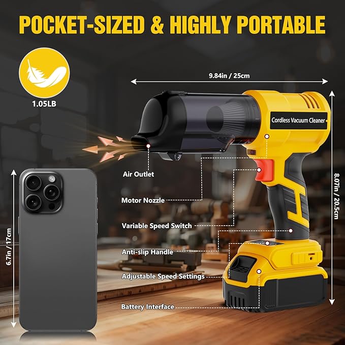 3 in 1 Cordless Handheld Vacuum Compatible with Dewalt 20V Battery, 22000Pa Suction Car Vacuum Portable for Quick Cleanups in Vehicles,Workshops,Homes and Offices(No Battery)