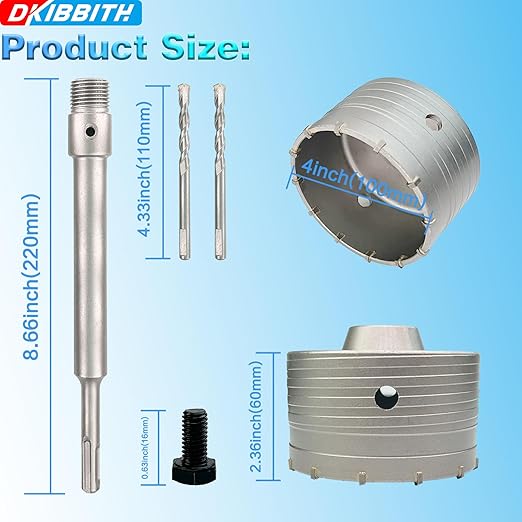 4" Concrete Hole Saw, 102mm Tungsten Steel Core Bit for Cinder Block, Brick, Rock, Plank Walls for Pipes or mini Split Lines, with SDS Plus Shank and 2 Center Positioning Drill Bits.