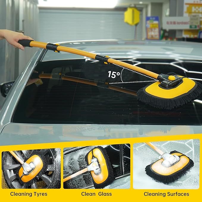 MIKKUPPA 40" Car Wash Brush with Long Handle - 15°Curved Car Cleaning Brush with Aluminum Telescopic Handle, Removable Scratch-Free Chenille Microfiber Brush Head Wash Mop for Cars RV Truck Boat