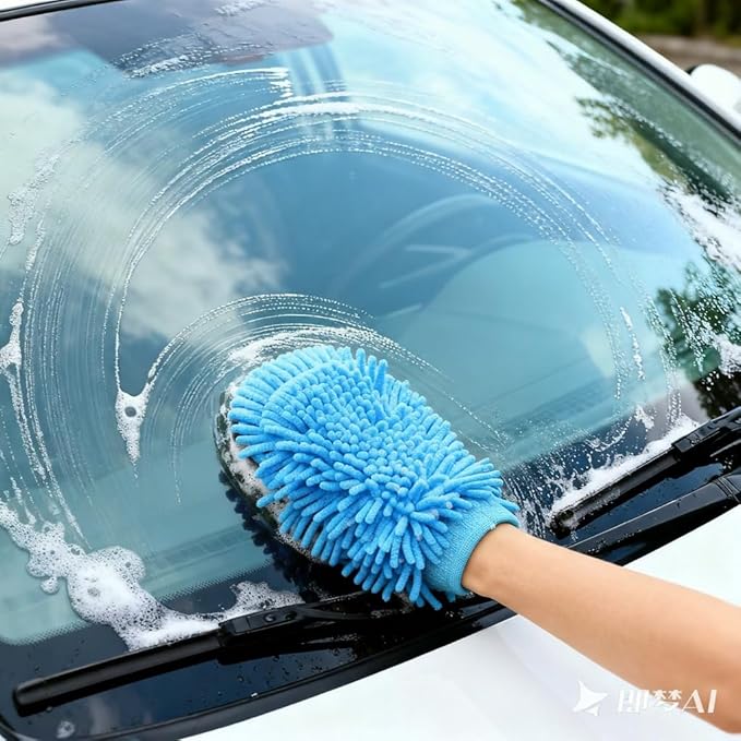 Car Wash Mitt Microfiber, 2PK-Scratch & Lint Free, Premium Chenille Microfiber Wash Mitt (Blue)