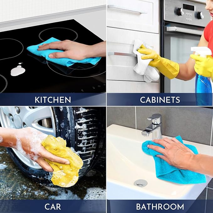 GLIMGLINT Microfiber Cleaning Cloth, 150 Pack Cleaning Rags, Cleaning Towels with 3 Color Assorted, 14"X12"