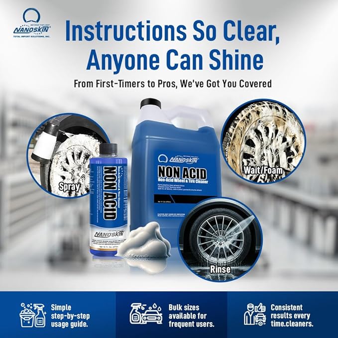 Nanoskin NON ACID Professional Wheel & Tire Cleaner 16 oz – Works with Tire Brush | Car Wash Cleaning Spray for Car Detailing | Removes Brake Dust, Oil, Dirt, Light Corrosion