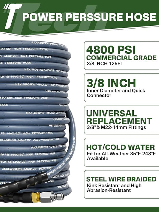 3/8" 4800PSI Pressure Washer Hose 125FT with Swivel Quick Connect for Cold/Hot Water Max 248°F, Kink Resistant Steel Wire Braided, Wear Resistant Power Washer Hose with M22 14mm Adapter