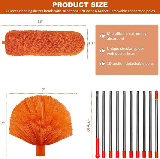 20 Feet High Reach Duster Kit with 2-14 ft Extension Pole, Cobweb & Corner Brush Cleaning Duster Kit for Cleaning, Microfiber Feather Duster Cleaner with Washable Head for Ceiling Fan, Furniture, Home
