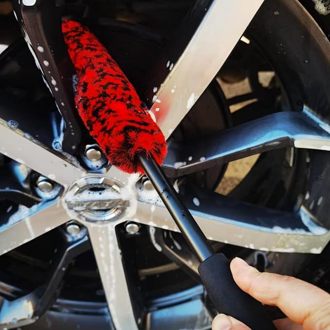 DEKADONS 4PCS Wheel Brush Kit for Cleaning Wheel and Tire, Wheel and Rim Brush, Car Detailing Brushes, 360 Degree Bendable & Durable Car Wheel Rim Cleaner Brush Set (Red)