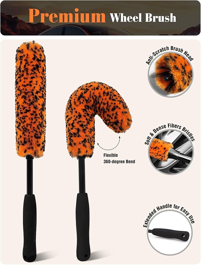 YeewayVeh 4PCS Car Wheel Brush Kit, Microfiber Wheel Cleaner Brush with Boar Hair Detailing Brush, Bendable & Durable Wheel and Tire Brush Kit for Cleaning Wheels, Tires