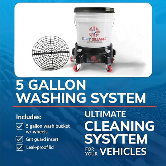 Grit Guard 5 Gallon Washing System | Includes 5 Gallon Bucket, Grit Guard, Bucket Dolly, and Gamma Seal Lid | for Car Wash and Detailing | Black