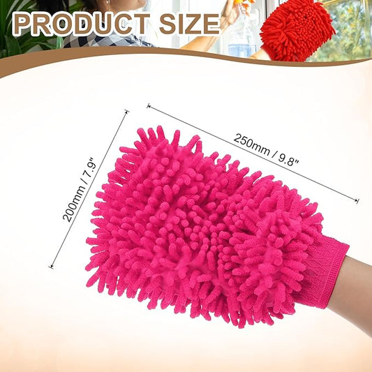 HARFINGTON 2pcs Chenille Microfiber Car Wash Mitts 9.8" x 7.9" Scratch Free Wash Gloves Absorbent Double Sided Plush Cleaning Drying Mitts for Car Washing Home Rose Red