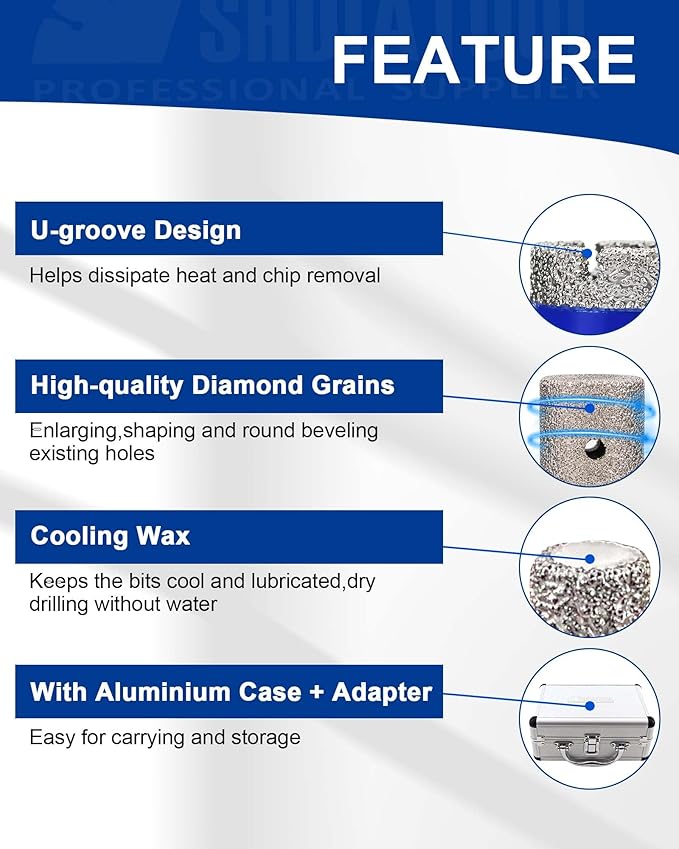 SHDIATOOL Diamond Core Drilling Bits Set for Porcelain Hole Saw Cutter for Tile Marble Ceramic Granite Kit 5/8-inch-11 8pieces