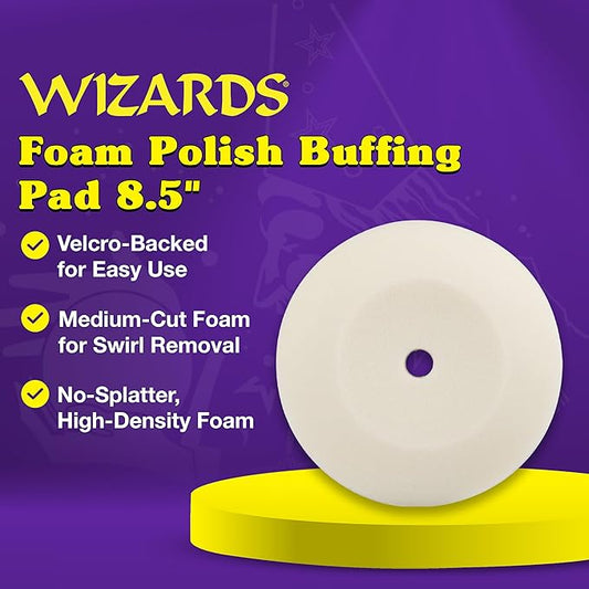 Wizards Foam Polish Buffing Pad - Velcro Backed, Medium Cutting Foam Pad for Car Detailing - No Splatter High Density Foam for Auto Detailing Supplies - 8½" x 1¼"